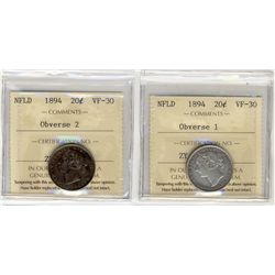 Nfld 1894 20¢ Obv 1 & Obv 2 ICCS VF30.  Lot of 2 coins.