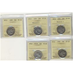 Nfld 1894 20¢ Obv 1, 1896 Obv 1, 1899, 1900 & 1904H ICCS VF20.  Lot of 5 coins.