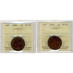 1858 1¢ & 1894 ICCS VF30.  Lot of 2 coins.