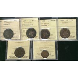 1859 1¢ Nar G4, Wd 9/8 F12 Corroded, 1886 Obv 2 VF20, 1894 F12, 1900H EF45 & 1925 VF30.  Lot of 6 IC