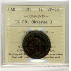 1891 1¢ LL SD Obv 3 ICCS VF20.