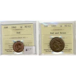 1893 1¢ & 1942 ICCS MS63RD.  Lot of 2 coins.