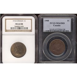 1908 1¢ PCGS MS62RB & 1910 1¢ NGC MS64RB.  Lot of 2 coins