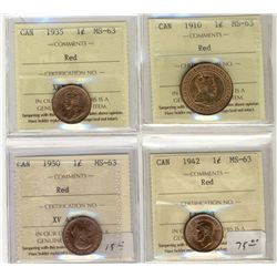1910 1¢, 1935, 1942 & 1950 ICCS MS63RD.  Lot of 4 coins.