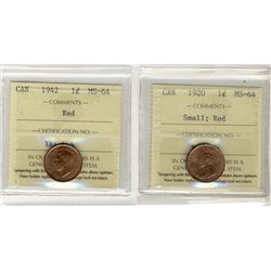 1920 1¢ Sml & 1942 ICCS MS64RD.  Lot of 2 coins.