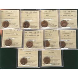 1944(3), 1948 A To(3) & 1954 SF(4) 1¢ ICCS MS63RD.  Lot of 10 coins.