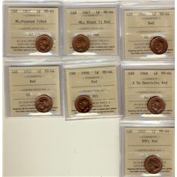 1944, 1947 ML Blt 7, ML Ptd 7, 1948 A To, 1950, 1952 & 1953 NSF 1¢ ICCS MS64RD.  Lot of 7 Coins.