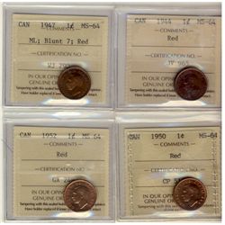 1944, 1947 ML Blt7, 1950 & 1952 1¢ ICCS MS64RD.  Lot of 4 coins.
