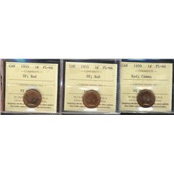 1955(2) SF & 1959 1¢ ICCS PL65.  Lot of 3 coins, 1959 designated Cameo.