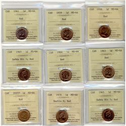 1958 1¢, 1959, 1964, 1965 Sm Blt(2), 1961, 1963, 1978 Dbl 8 & 2005P all ICCS MS64RD.  Lot of 9 coins