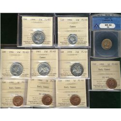 1964 1¢, 1966(2) PL64, 1966 PL65 all 4 Cameo, 1957 ANACS PL66.  Also includes 1964 10¢ PL65 Cam, 195