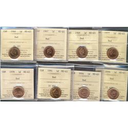 1966 1¢, 1967, 1968, 1977, 1978, 1911, 2004 & 2006 ICCS MS65RD.  Lot of 8 coins.