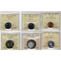 1983 1¢ Near Bds MS65, 1996 5¢ Nr 6 MS63 & Far 6 MS64, 1964 25¢ PL66HC, 1967 50¢ SP65 & 1999 $2 Nun 