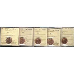 1997 1¢, 1998, 2000, 2001 & 2002P ICCS MS66.  Lot of 5 coins.