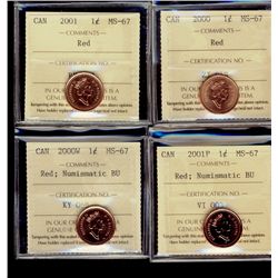 2000 1¢, 2001 MS67 & 2000W, 2001P MS67NBU.  Lot of 4 coins all ICCS graded.