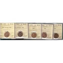 2003 1¢, 2003P New Effigy, 2003, 2005 & 2005P ICCS MS66RD.  Lot of 5 coins.