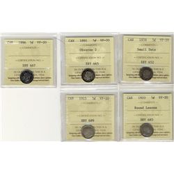 1858 5¢ Sml Date, 1891 Obv 2, 1896, 1910 RL & 1915 ICCS F15.  Lot of 5 coins.