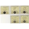 Image 1 : 1858 5¢ Sml Date, 1891 Obv 2, 1896, 1910 RL & 1915 ICCS F15.  Lot of 5 coins.