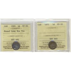 1871 5¢ & 1909 RL Bow Tie ICCS VF30.  Lot of 2 coins.