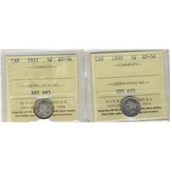1899 5¢ & 1911 ICCS AU58.  Lot of 2 coins.