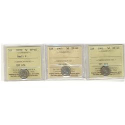 1902 5¢, 1903 & 1903H Sml H ICCS EF40.  Lot of 3 coins.