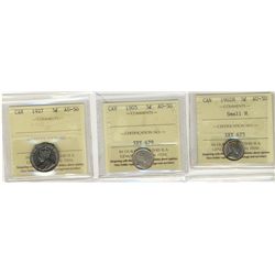 1902H 5¢ Sml, 1905 & 1927 ICCS AU50.  Lot of 3 coins.