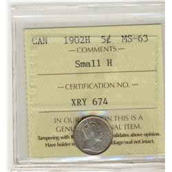 1902H 5¢ Sml H ICCS MS63.  Lustrous with light pink shades.