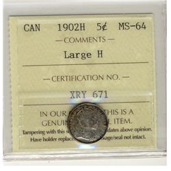 1902H 5¢ Lg H ICCS MS64.  Scattered shades over light lustre.
