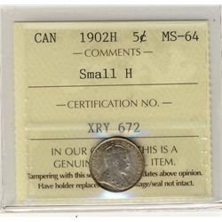 1902H 5¢ Sml H ICCS MS64.  Scattered shades over light lustre.