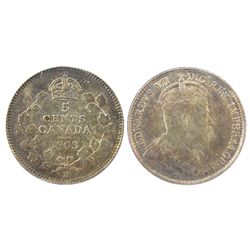 1903H 5¢ epunched Sml H ICCS MS63.  Strong golden shades. Scarce variety.