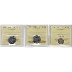 1912 5¢, 1923 & 1946 ICCS MS62.  Lot of 3 coins.