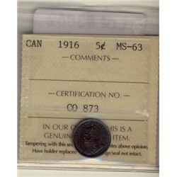 1916 5¢ ICCS MS63.  Superb intense blue and green shades.