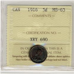 1916 5¢ ICCS MS63.  Intense blue and red shades.