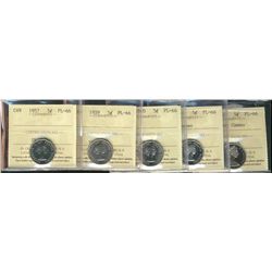 1957 5¢, 1959, 1960, 1961 Cam & 1966 Hvy Cam ICCS PL66.  Lot of 5 coins.