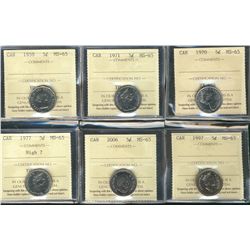 1959 5¢, 1970, 1971, 1977 High, 1997 & 2006 ICCS MS65.  Lot of 6 coins.