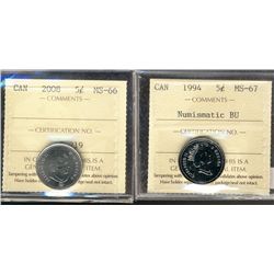 2008 5¢ MS66 & 1994 MS67NBU.  Lot of 2 coins.