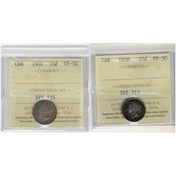 1858 10¢ & 1901 ICCS VF30.  Lot of 2 coins.