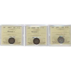 1871 10¢, 1880H & 1881H ICCS F12.  Lot of 3 coins.