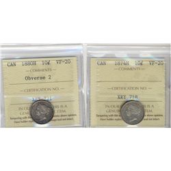 1874H 10¢ & 1880H ICCS VF20.  Lot of 2 coins.