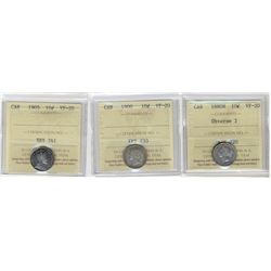 1880H 10¢ Obv 2, 1900 & 1905 ICCS VF20.  Lot of 3 coins.