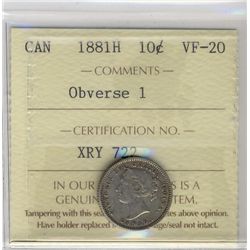 1881H 10¢ Obv 1 ICCS VF20.