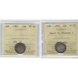 1892 10¢ Sm 9 Obv 5 & 1901 ICCS VF30.  Lot fo 2 coins.