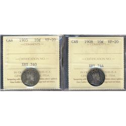 1905 10¢ & 1908 ICCS VF20.  Lot of 2 coins.