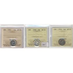 1916 10¢, 1940 & 1951 ICCS AU55.  Lot of 3 coins.