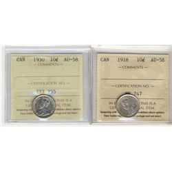 1918 10¢ & 1930 ICCS AU58.  Lot of 2 coins.