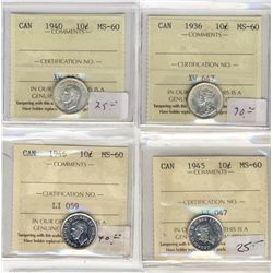 1936 10¢, 1940, 1945 & 1946 ICCS MS60.  Lot of 4 coins.