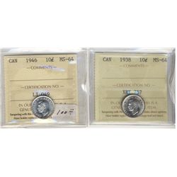 1938 10¢ & 1946 ICCS MS64.  Lot of 2 coins.