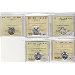 1940 10¢, 1946, 1952, 1953 SF & 1955 ICCS MS64.  Lot of 5 coins.