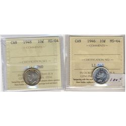 1946 10¢ & 1948 ICCS MS64.  Lot of 2 coins.