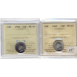 1946 10¢ & 1948 ICCS MS63.  Lot of 2 coins.